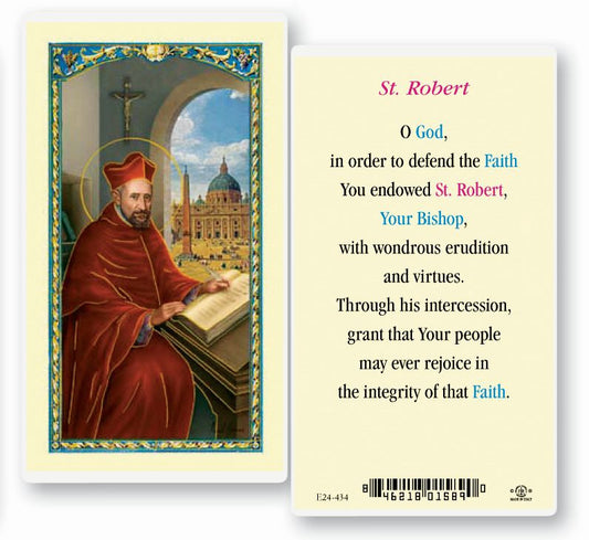 A laminated holy card featuring a portrait of St. Robert with a religious text and gold accents.