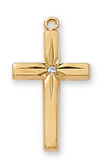 A gold over sterling silver cross pendant with a small diamond in the center, displayed against a white background.