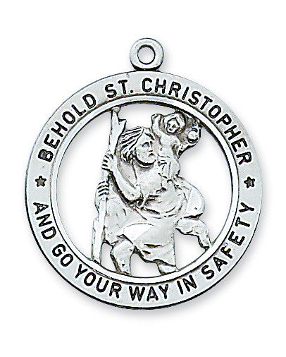 Sterling silver pendant featuring St. Christopher with a rhodium plated brass chain.
