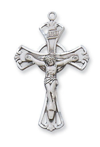 A sterling silver crucifix pendant with intricate detailing around the edge, attached to a rhodium plated brass chain.