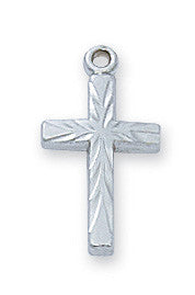A sterling silver cross pendant with a rhodium plated brass chain.