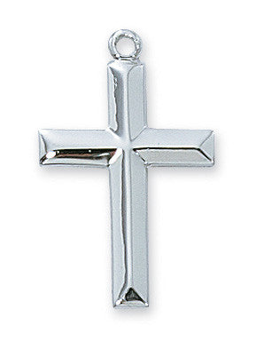 A sterling silver cross pendant with a bright, reflective finish, displayed against a plain background.