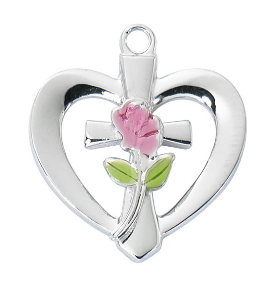 A sterling silver heart-shaped pendant with a rose embellishment, attached to a silver chain, presented against a white background.