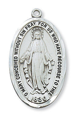 Sterling silver miraculous medal pendant with an image of the Virgin Mary, accompanied by text, on a rhodium plated brass chain.