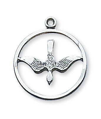 A sterling silver pendant in the shape of the Holy Spirit symbol, a dove, against a white background.