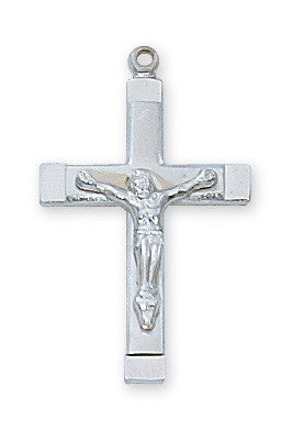 A sterling silver crucifix pendant with a rhodium plated brass chain.