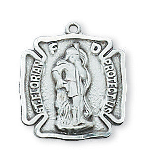 Sterling silver pendant featuring St. Florian with inscription around the edge, attached to a rhodium plated brass chain.