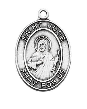 Sterling silver pendant featuring Saint Jude with 'Pray for us' inscription, attached to a rhodium plated brass chain.