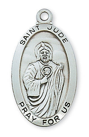 Sterling silver pendant featuring Saint Jude with 'Pray for us' text, attached to a rhodium plated brass chain.