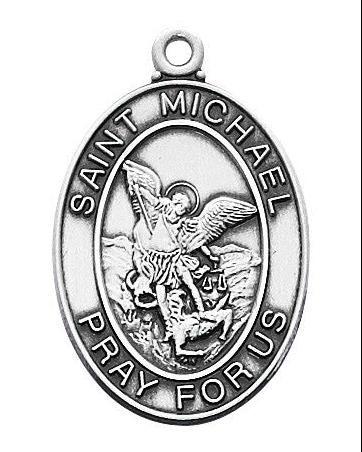 Sterling silver pendant featuring Saint Michael with an embossed angelic figure, attached to a loop for a chain.