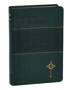 A green hardcover book titled 'Tesoro de Novenas' with gold embossed text and a cross design, indicating a collection of prayer novenas.