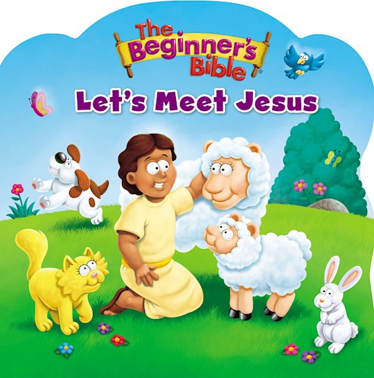 A colorful cover of a children's board book titled 'The Beginner Bible: Let's Meet Jesus' with illustrations of a child, baby Jesus, and various animals on a grassy field.