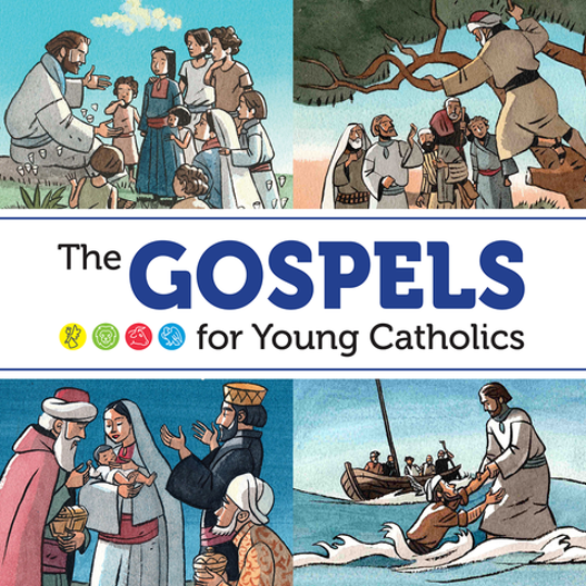 Cover of 'The Gospels for Young Catholics' featuring illustrations of scenes from the Gospels, including stories with Jesus and children, and a flex cover design.
