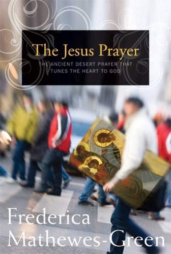 This image features the cover of a book titled "The Jesus Prayer" by Frederica Mathewes-Green. The book's cover design is simple yet elegant, showcasing a gold-colored background with a subtle, ornate pattern.
