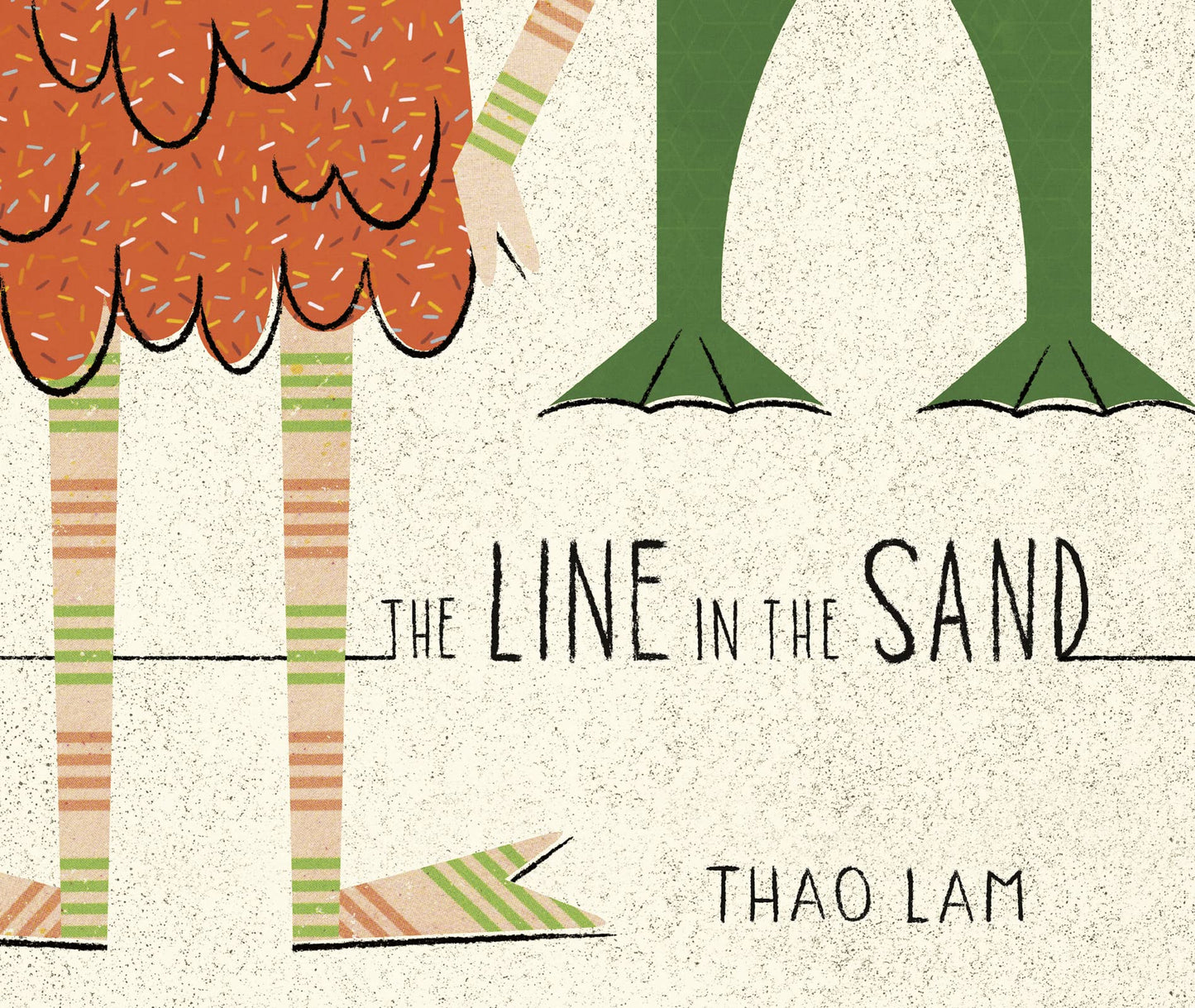 Cover of the book 'The Line in the Sand' by Thao Lam, featuring illustrations of a bird-like monster and characters on a beach with a sandcastle.