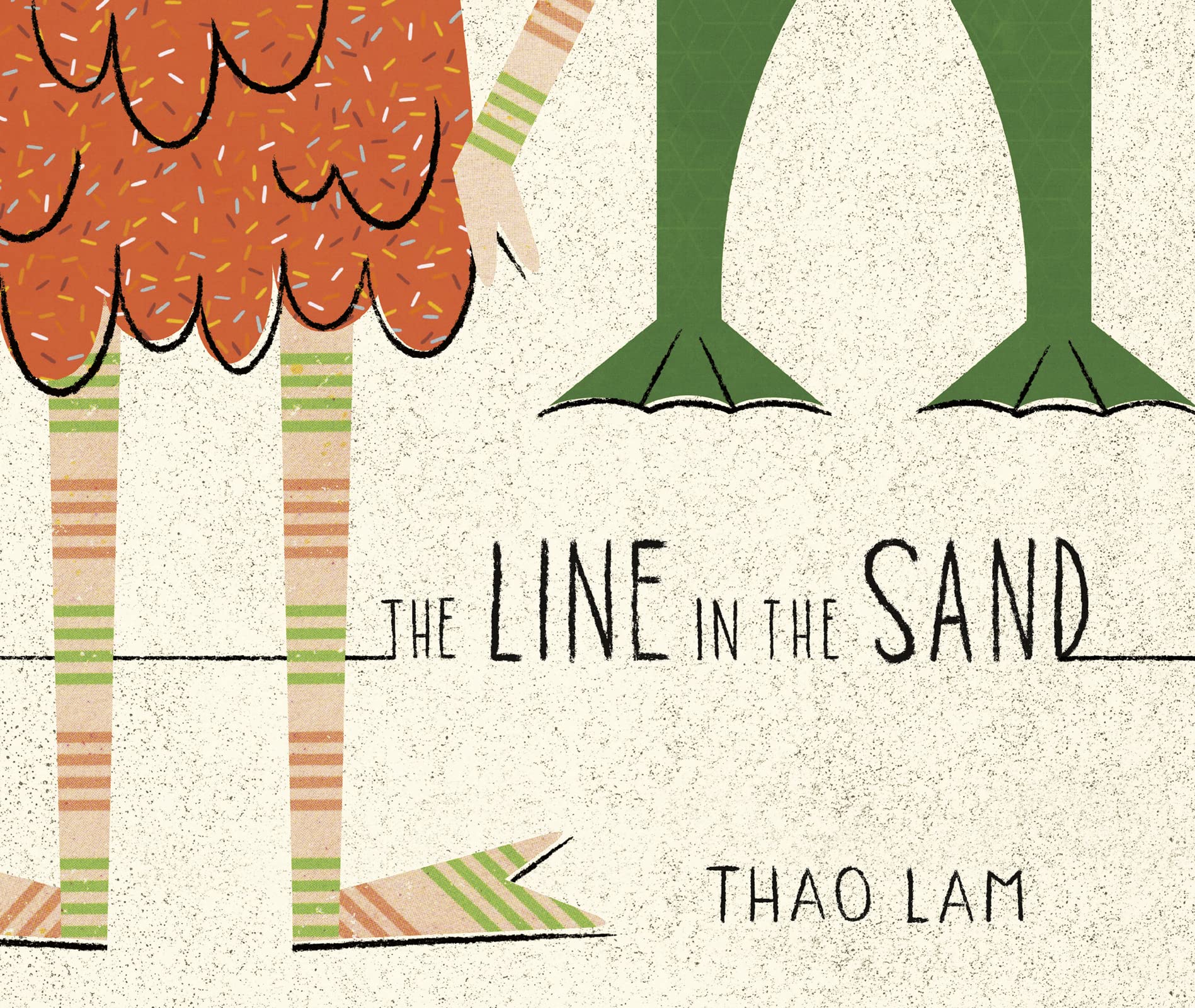 Cover of the book 'The Line in the Sand' by Thao Lam, featuring illustrations of a bird-like monster and characters on a beach with a sandcastle.