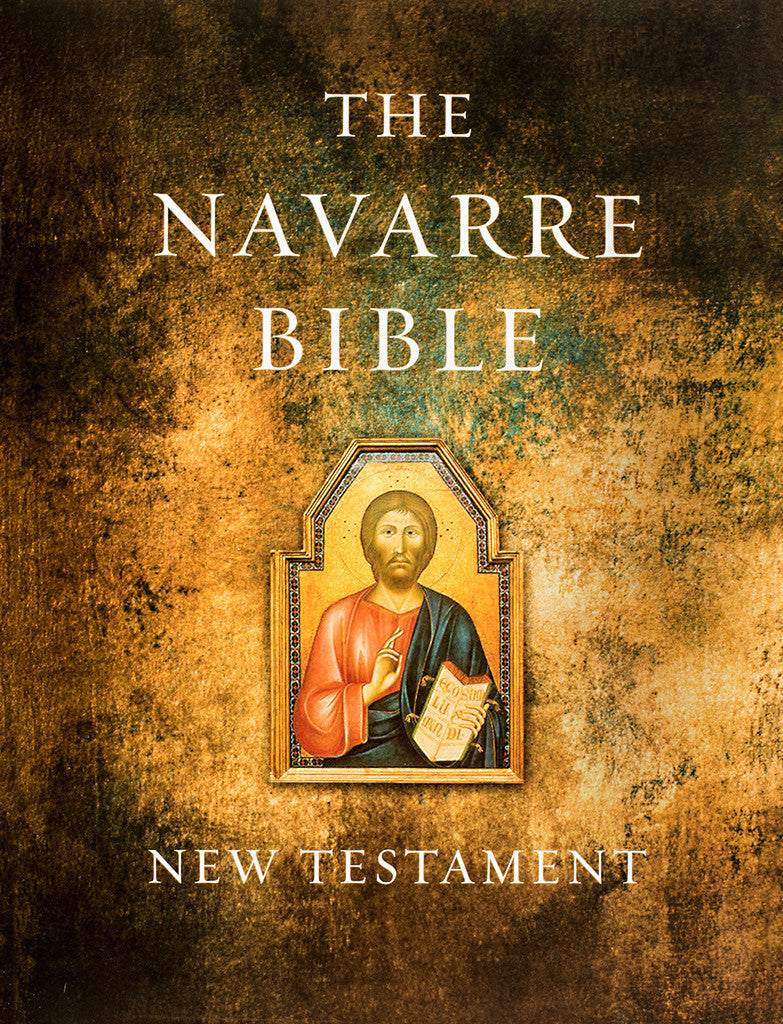 Cover of The Navarre Bible - NT Expanded Edition featuring an illustration of Jesus Christ with a book, set against a textured background with a title and subtitle.