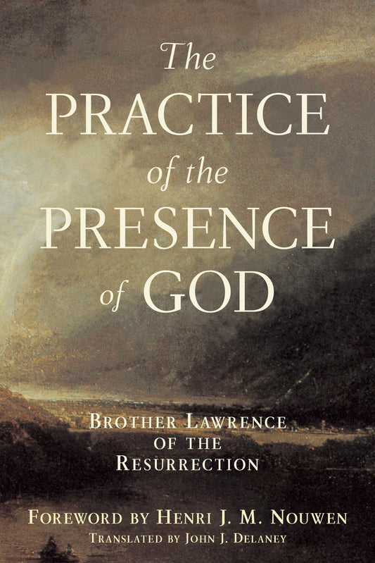 This image features the cover of "The Practice of the Presence of God" by Brother Lawrence of the Resurrection. The cover design is simple yet profound, with a muted, atmospheric background that resembles a cloudy sky or perhaps a abstract landscape.