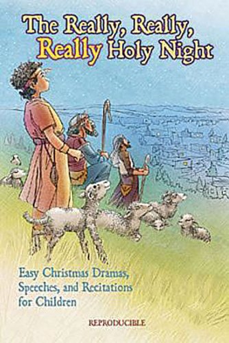 Cover of the book 'The Really, Really, Really Holy Night' featuring an illustration of shepherds and an angel with sheep in a field.