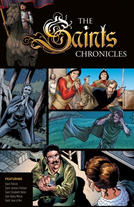 Cover of 'The Saints Chronicles: Collection 1 Graphic Novel' featuring illustrated scenes from the lives of various saints, including St. Patrick, St.