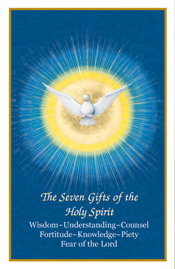 A bulletin cover featuring a stylized graphic of a dove with a halo, surrounded by a golden aura, with the title 'The Seven Gifts of the Holy Spirit' and a list of gifts including Wisdom, Understanding, Counsel, Knowledge, and Fear of the Lord.