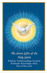 A blue confirmation holy card with an illustration of the Holy Spirit and the seven gifts listed in the header.