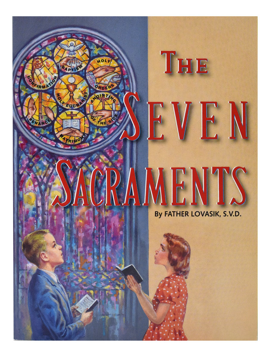 Cover of 'The Seven Sacraments' book, featuring illustrations of a stained glass window and two individuals reading.