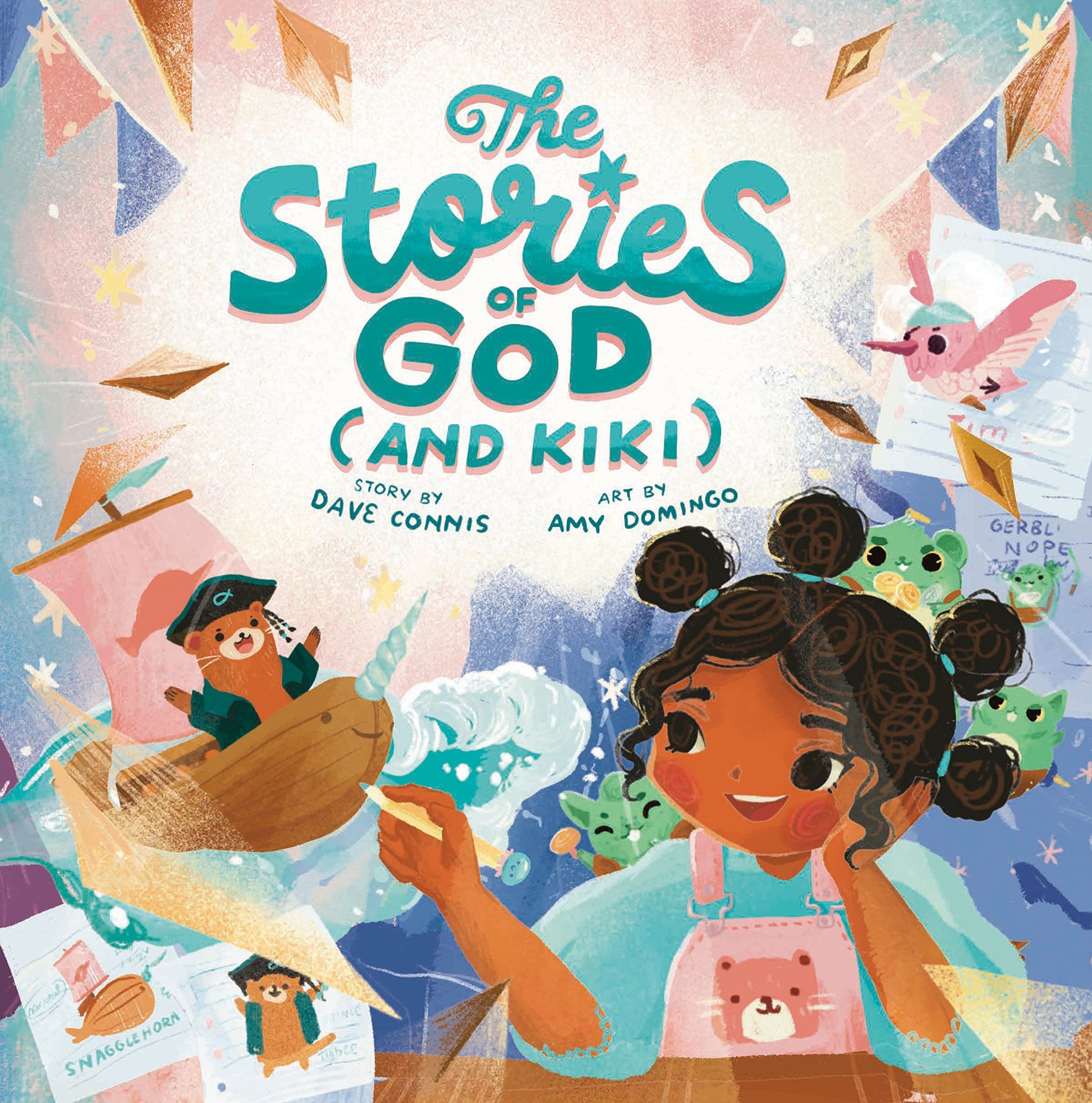 Cover of 'The Stories of God (And Kiki)' featuring illustrations of a young girl with a book, a flying otter, and various playful elements in a colorful design.