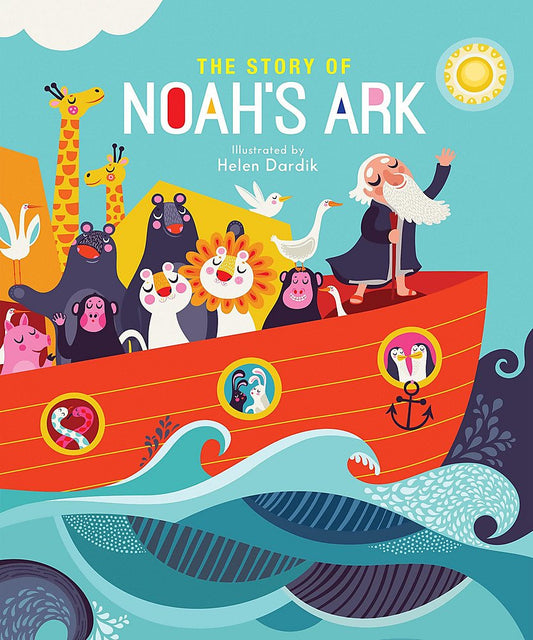 A colorful board book cover for 'The Story of Noah's Ark' featuring illustrations of animals and Noah inside a red ark with blue sky and white waves in the background.