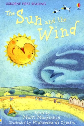Cover of the book 'The Sun and the Wind' featuring illustrations of a sun with a smiling face and wind turbines, with a village in the background.