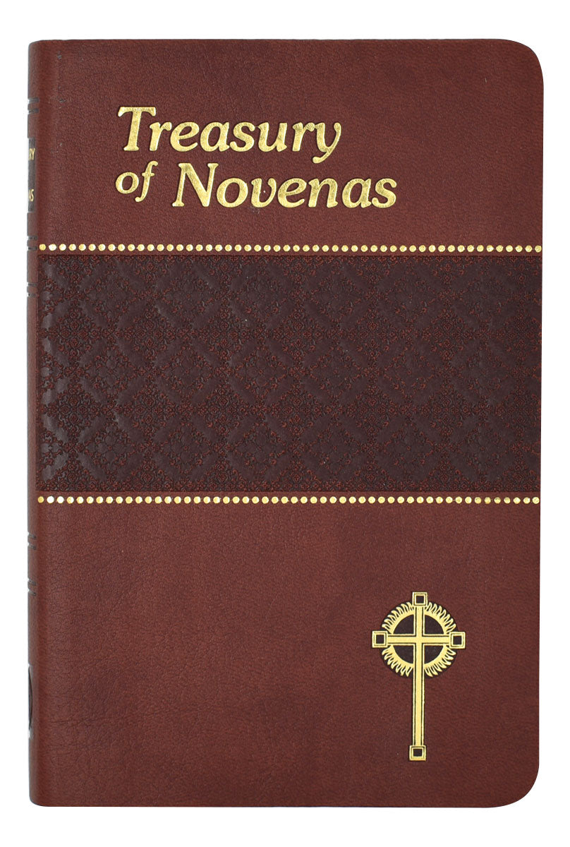 Cover of 'Treasury of Novenas' book with a maroon background and gold accents, including a cross and text.