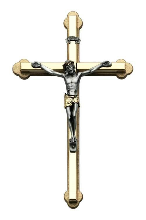 A two-tone crucifix with a brass cross and pewter corpus with INRI symbol.