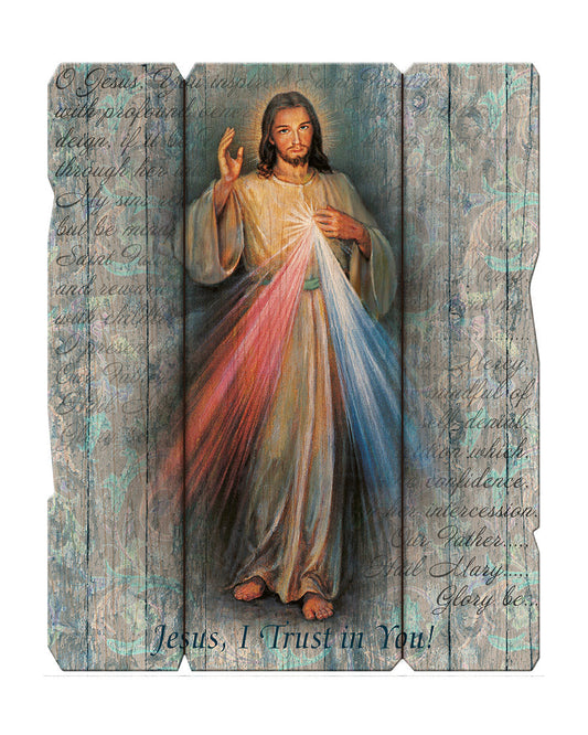 A wooden plaque featuring an illustration of Jesus Christ with a red, blue, and pink aura, along with text and hang notches.