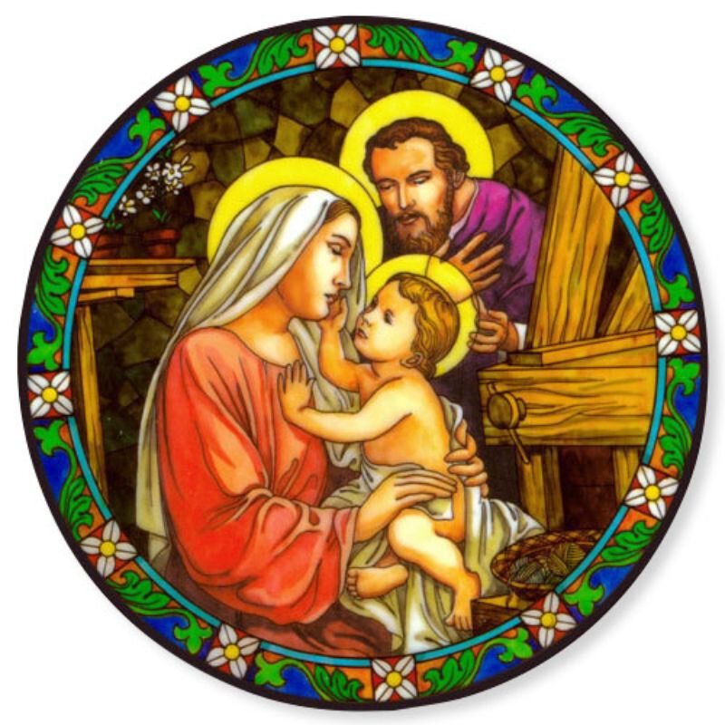 A static sticker with an image of the Holy Family, including figures of Mary, Joseph, and baby Jesus, surrounded by a colorful floral border.
