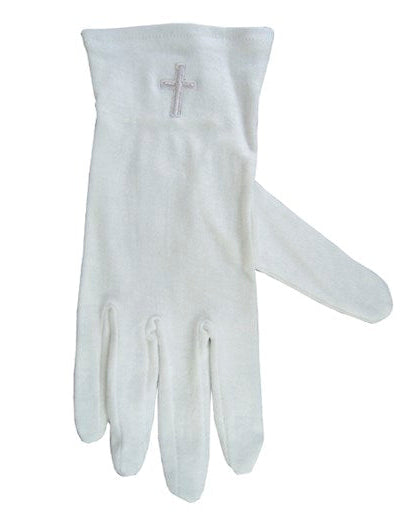 A single white glove with a visible pink cross emblem on the back, against a white background.