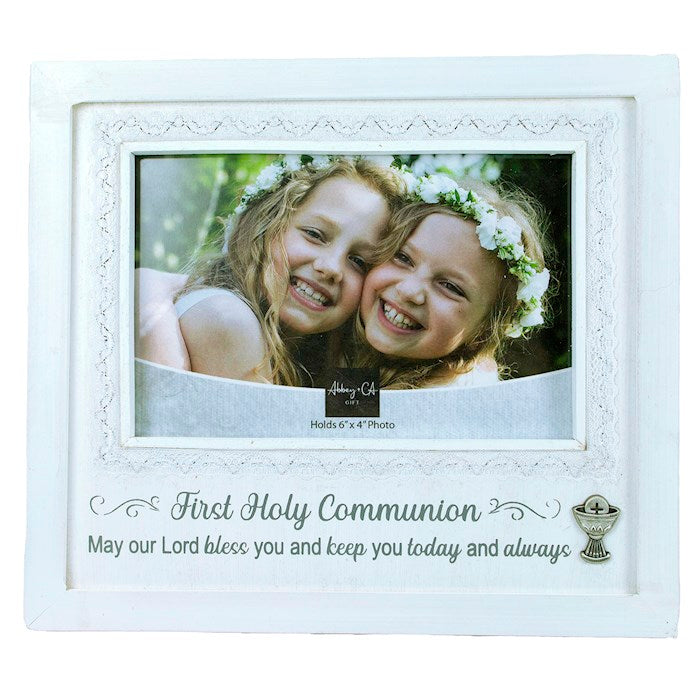 A white and lace picture frame with a 4 x 6 inch photo size, featuring a message for First Holy Communion and a metal chalice accent.
