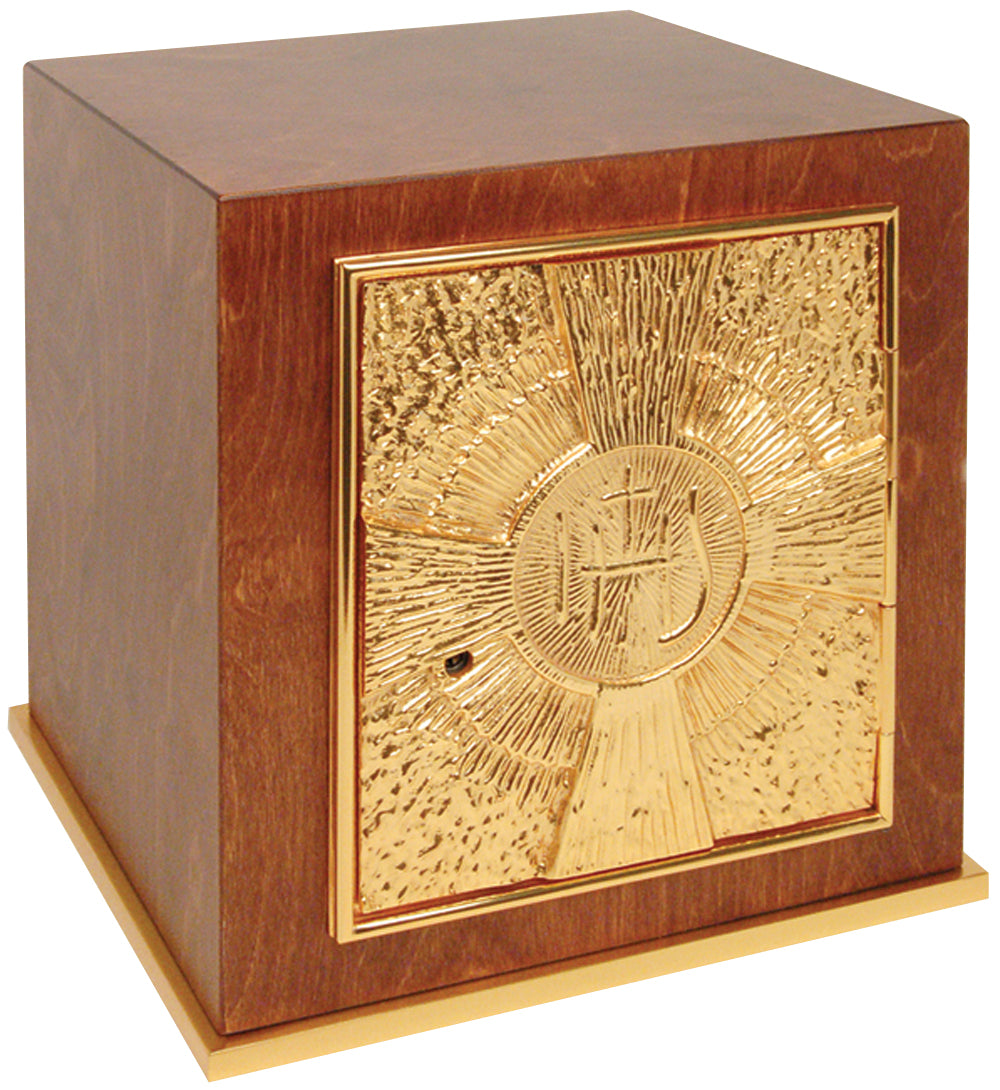 A wooden tabernacle with a 24k gold plated door and base frame, featuring a bright gold plated interior.