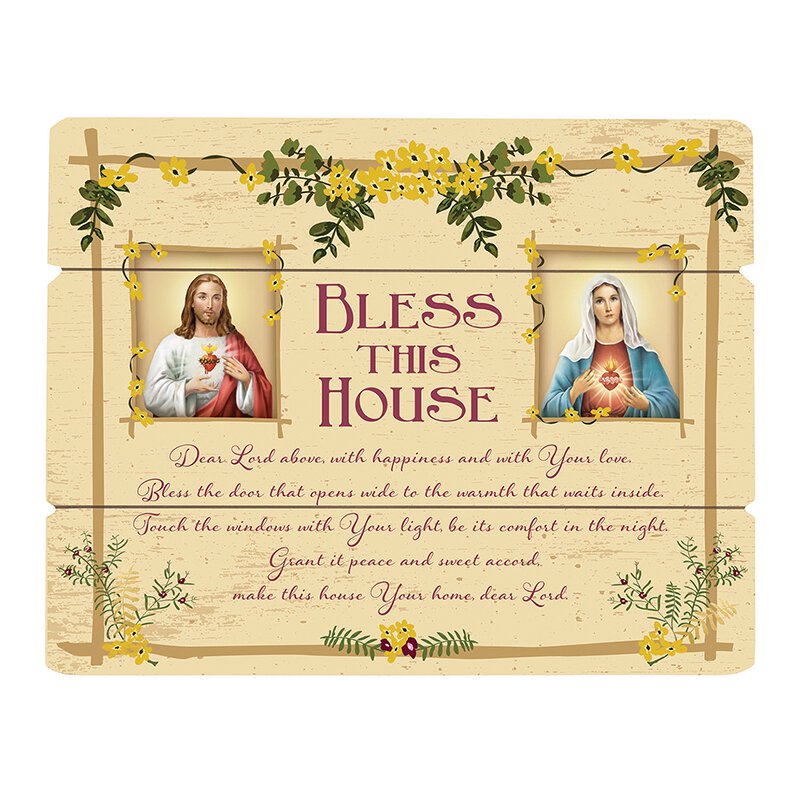 A wooden plaque with a blessing for the house, featuring images of Jesus and the Virgin Mary, and decorative floral and leaf patterns.