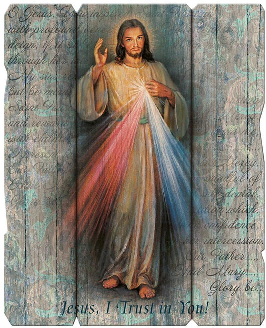 A vintage style plaque featuring a depiction of Jesus with a red, white, and blue banner, and text surrounding it.