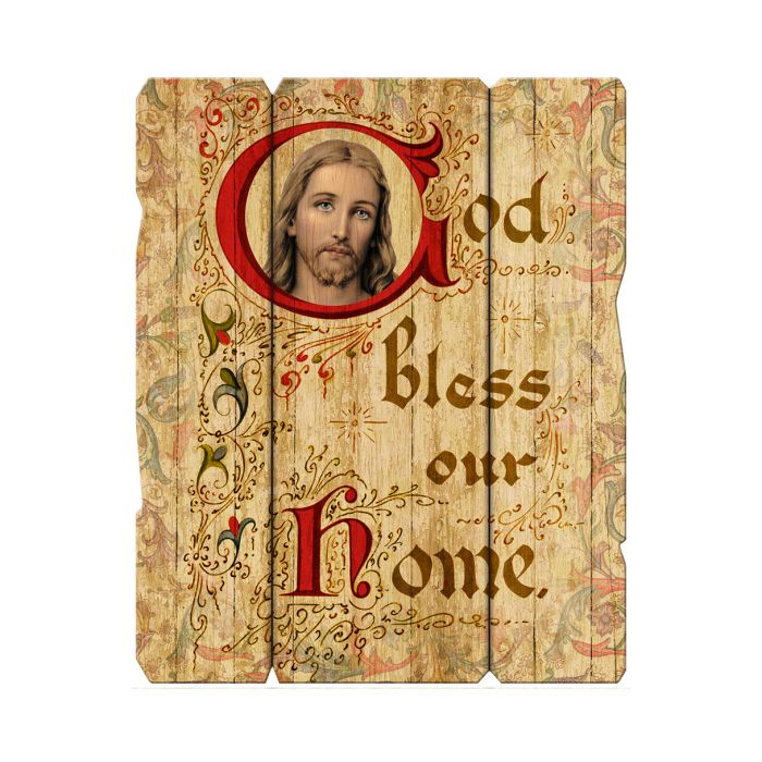 A wooden wall plaque featuring a vintage barn board look with the phrase 'God Bless This Home' and an image of Jesus Christ in a circular frame, surrounded by ornate designs.