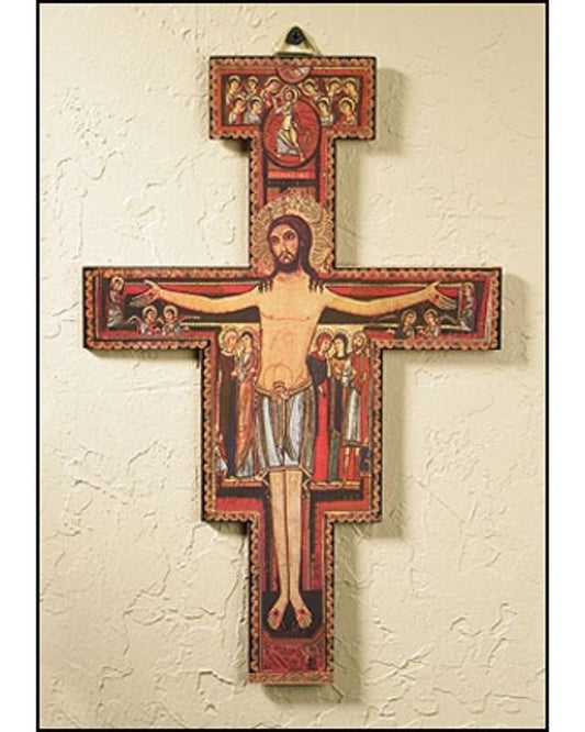 A wooden cross icon featuring an image of Christ crucified with ornate detailing and a hanger on the back.