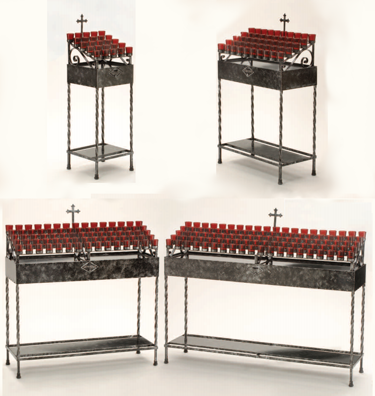Two wrought iron votive light stands, one with a red cloth on the candle holders and the other with a black cloth. Both have a cross on the top and a circular frame with a series of compartments for candles.