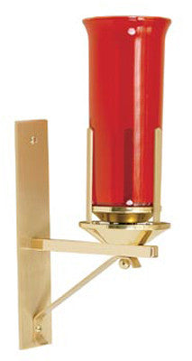 Wrought iron wall-mounted sanctuary lamp with a red glass globe, gold-sprayed finish.