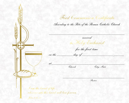 A sample image of a first communion certificate with a cross and a chalice on it, indicating a religious or ceremonial award.