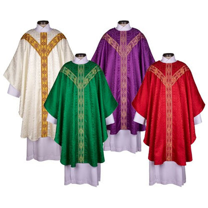 Set of four chasubles in different liturgical colors: green, purple, red, and ivory, each featuring a Y-shaped orphrey, a Gothic style plain neck with gold metallic jacquard banding, and an inner stole with matching jacquard banding.