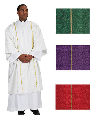 A display of jacquard polyester fabric dalmats in white, green, red, and purple with gold lace trim, alongside a male figure wearing a white jacquard dalmatic with gold lace trim.