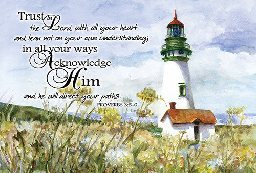 A small poster featuring a lighthouse with a quote in scripture style typography.