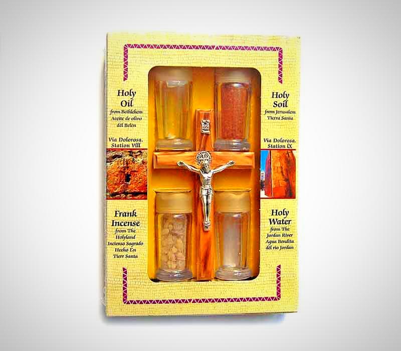 Olive Wood Crucifix & Bottle Set