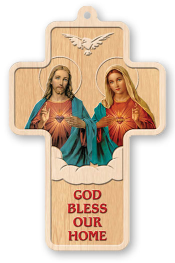 A wooden cross with an image of Jesus and the Virgin Mary, featuring text 'GOD BLESS OUR HOME' at the bottom.