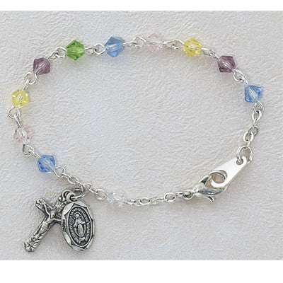 Baby Multi Coloured Crystal Bracelet With Sterling Silver Cross & Medal